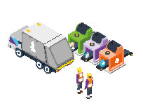 Illustration : Un véhicule de collecte des déchets et des bacs de tris