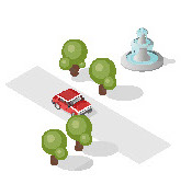 illustration espace public (une voiture, des arbres, une fontaine)