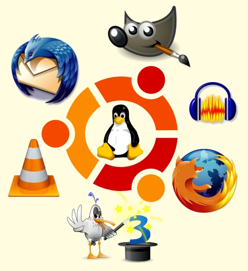Logos de certains logiciels libres (Thunderbird, Gimp, Audacity, VLC, Firefox)